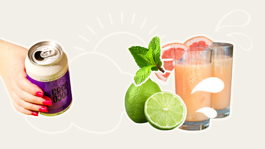 passionfruit seltzer with mint, fresh limes and grapefruit soda for a Paloma cocktail