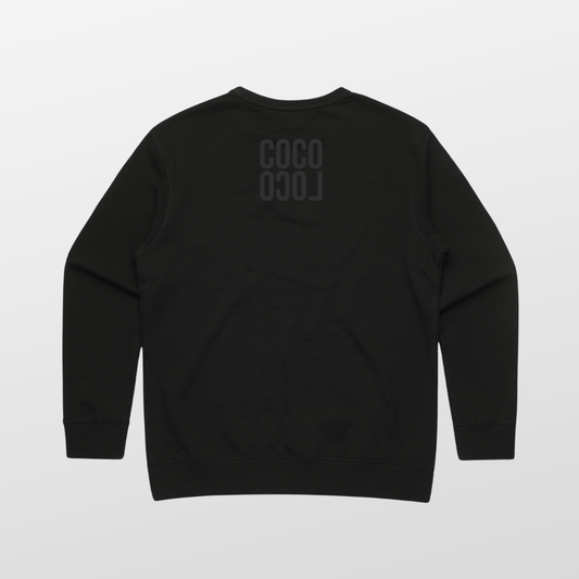 Coco Loco Premium Crew back — logo centred upper-back on black AS Colour 4121