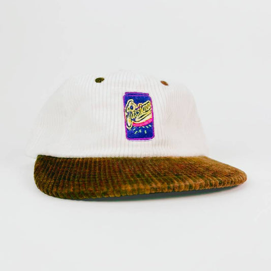 Vintage-style corduroy hat with a white 6 panel crown, brown ribbed flat brim and an embroidered Passiona can icon