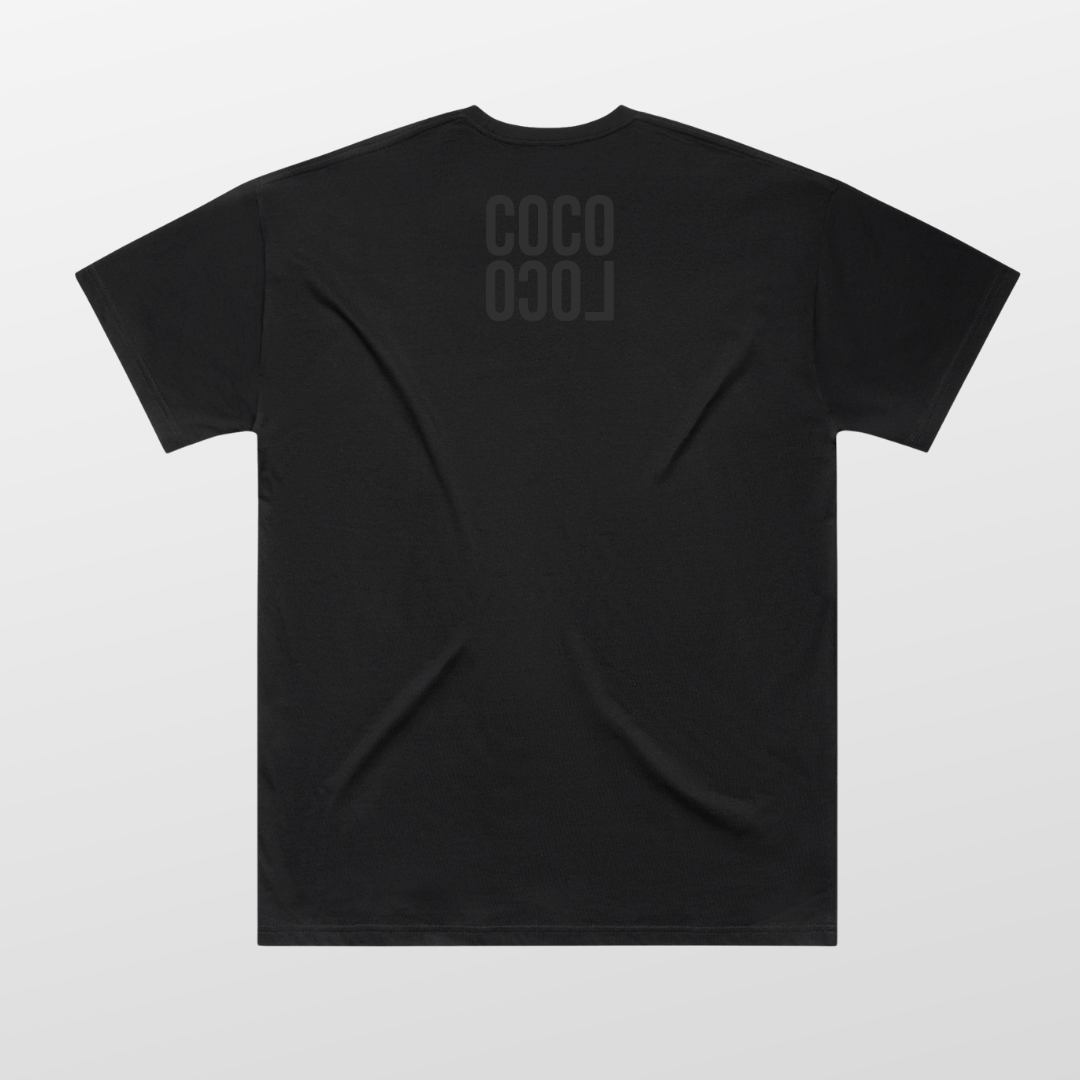 Vintage Vibes Oversized Tee back — Coco Loco logo centred upper-back on black