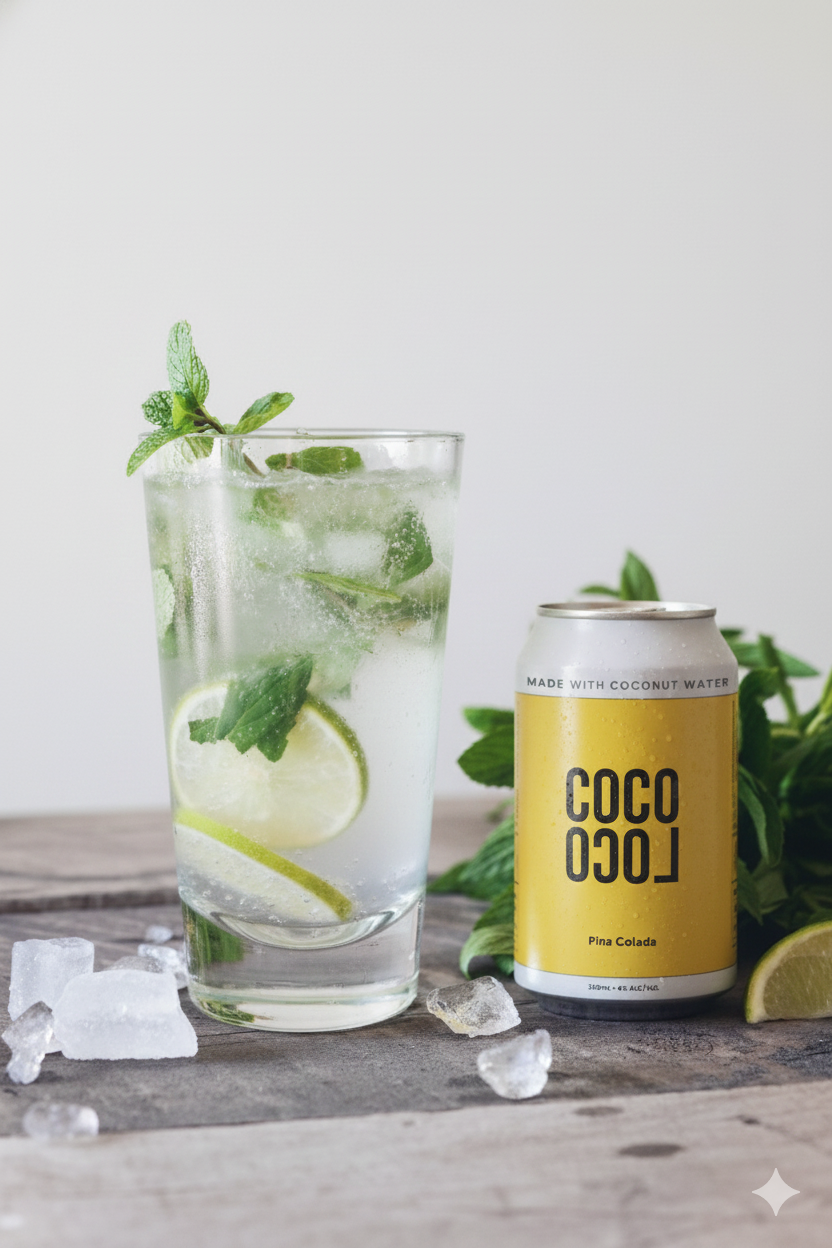 Coco Loco Pina Colada can next to low sugar cocktail spritz with fresh mint