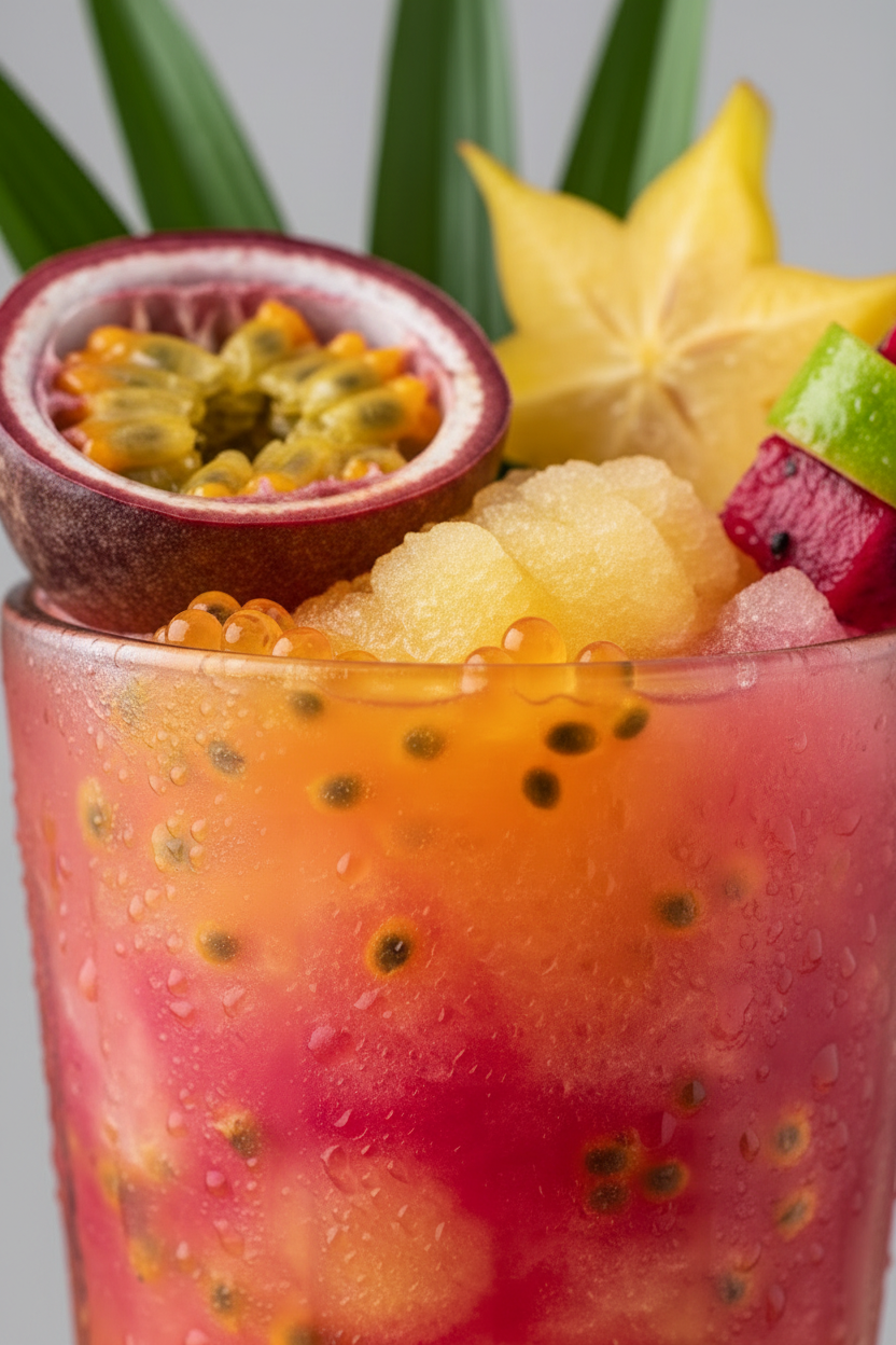 Frozen Tropical Slushie with Coco Loco alcoholic coconut water in tall glass with fresh fruit