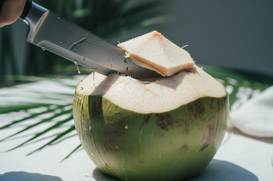 Young green coconut being cut for alcoholic coconut water
