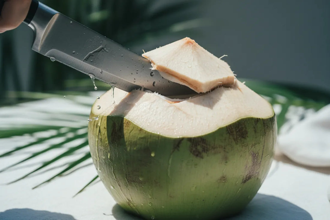 Young green coconut being cut open, revealing fresh coconut water inside