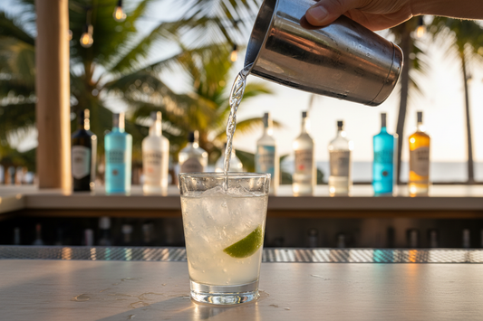 alcoholic Coconut water poured into glass with ice on bar top with beach and palms in background 