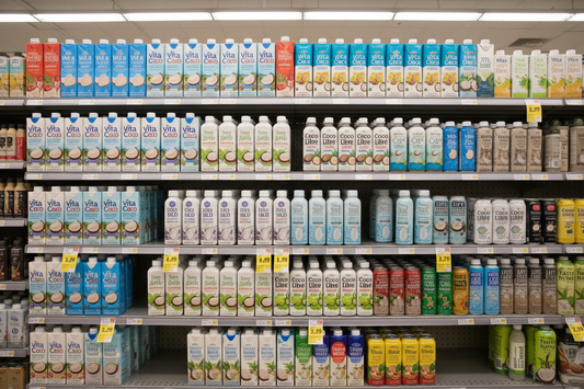 Shelves in grocery store lined with cartons of coconut water Australia