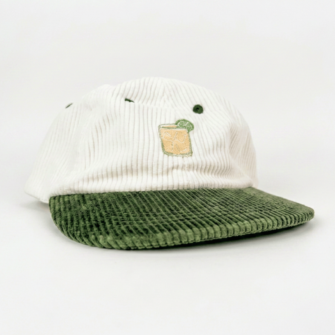 Coco Loco × Lies Collective Margarita cap — white corduroy with olive brim, side profile showing embroidered cocktail