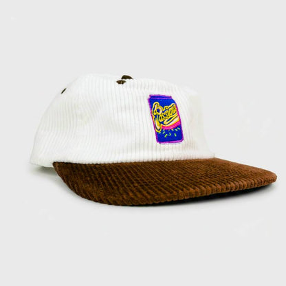 Passiona corduroy cap at an angle, white 6 panel crown with brown flat brim and embroidered Passiona can badge