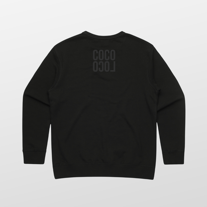 Coco Loco Premium Crew back — logo centred upper-back on black AS Colour 4121