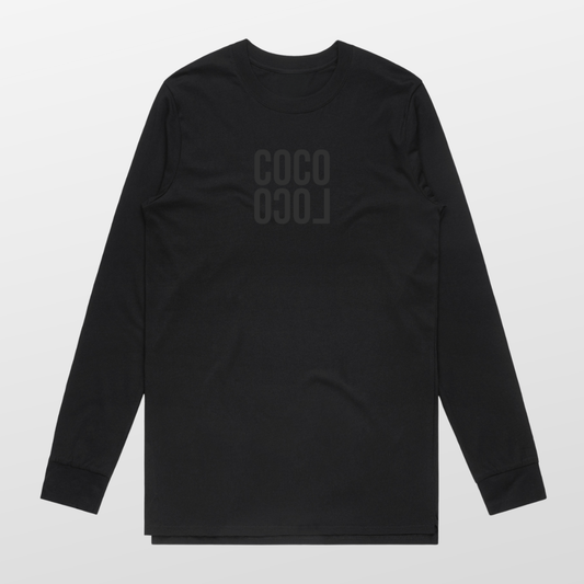 Coco Loco Long-sleeve Tee back — Wonderfruit wordmark graphic full-width on black AS Colour 5029