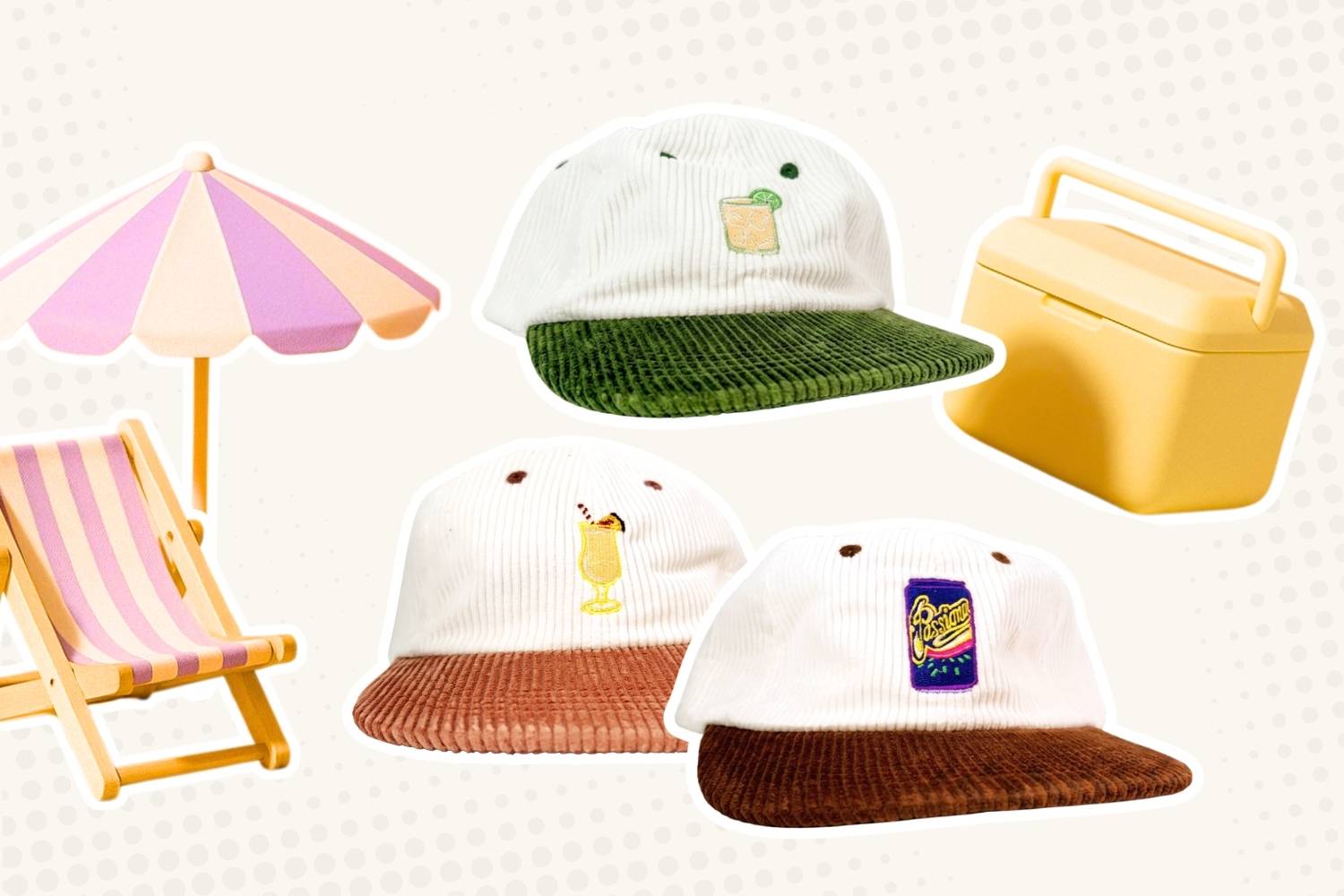 The three Coco Loco x Lies Collective corduroy caps, Margarita, Pina Colada and Passiona, with a beach umbrella, deck chair and esky