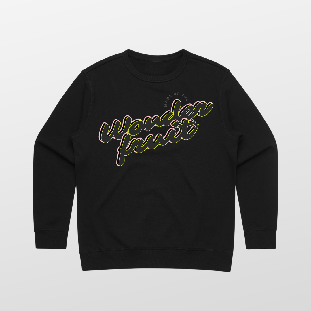 Miami Nights Premium Crew front — angled Wonderfruit wordmark graphic in neon yellow and pink on black AS Colour 4121