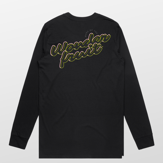 Miami Nights Long-sleeve Tee front — Coco Loco logo centre chest on black AS Colour 5029