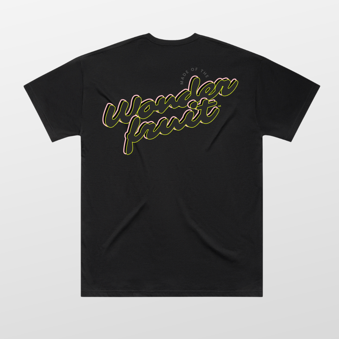 Miami Nights Oversized Tee back — full-width Wonderfruit wordmark graphic in neon yellow and pink on black