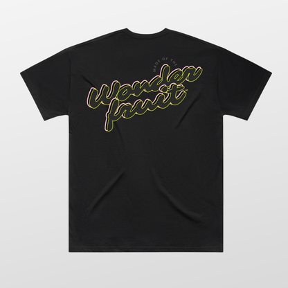 Miami Nights Oversized Tee back — full-width Wonderfruit wordmark graphic in neon yellow and pink on black