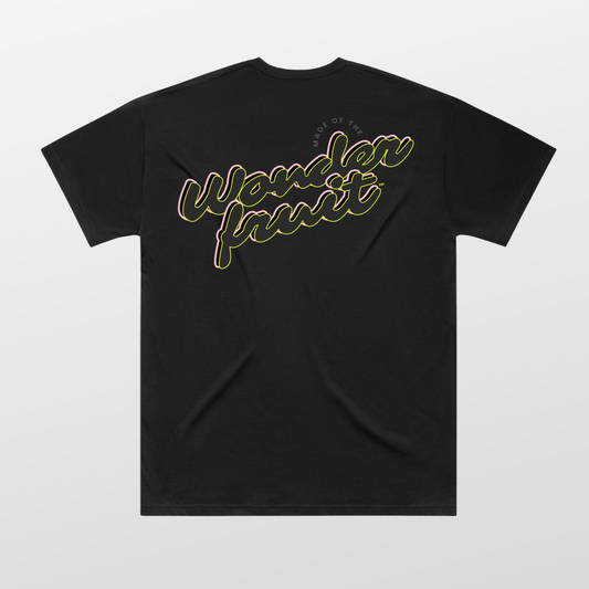 Miami Nights Oversized Tee back — full-width Wonderfruit wordmark graphic in neon yellow and pink on black