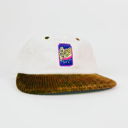 Vintage-style corduroy hat with a white 6 panel crown, brown ribbed flat brim and an embroidered Passiona can icon