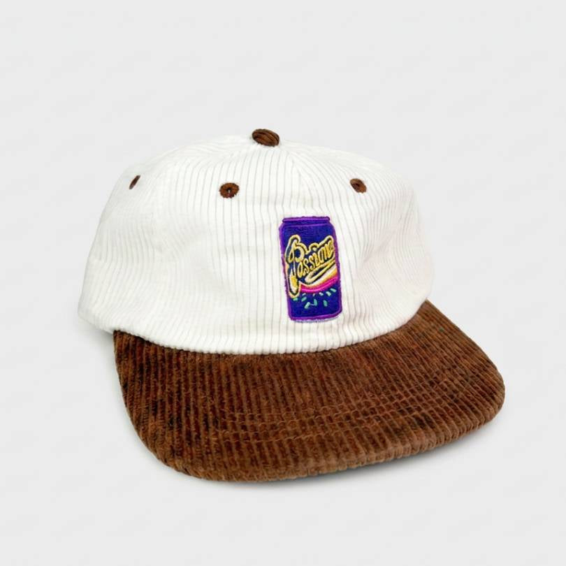 Coco Loco × Lies Collective Passiona cap — embroidered Passiona can design on white corduroy, brown brim, front view