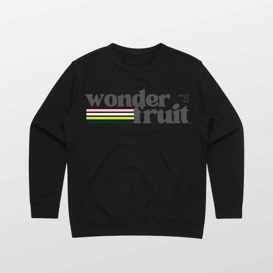 Vintage Vibes Premium Crew front — retro Wonderfruit wordmark graphic with sunset palette on black AS Colour 4121