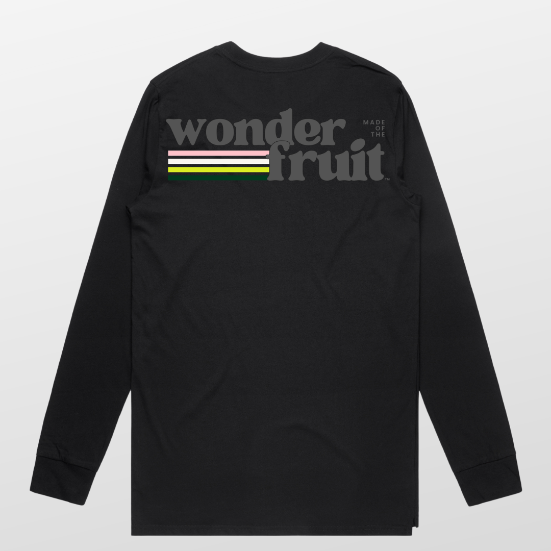 Vintage Vibes Long-sleeve Tee front — Coco Loco logo centre chest on black AS Colour 5029
