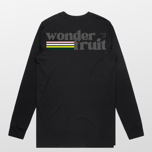 Vintage Vibes Long-sleeve Tee front — Coco Loco logo centre chest on black AS Colour 5029