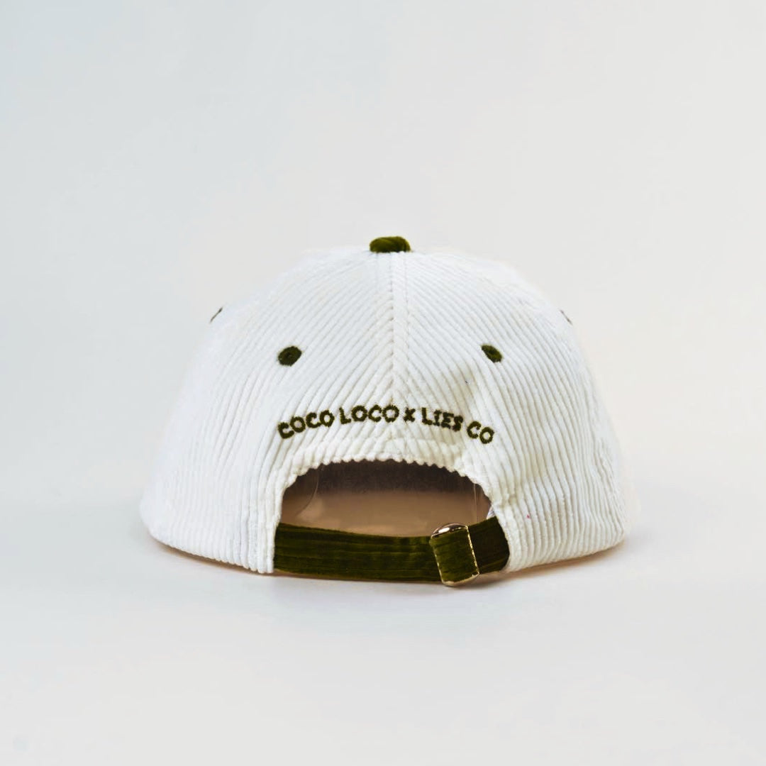 Coco Loco x Lies Collective Margarita cap, white corduroy with olive brim and adjustable clip, back view