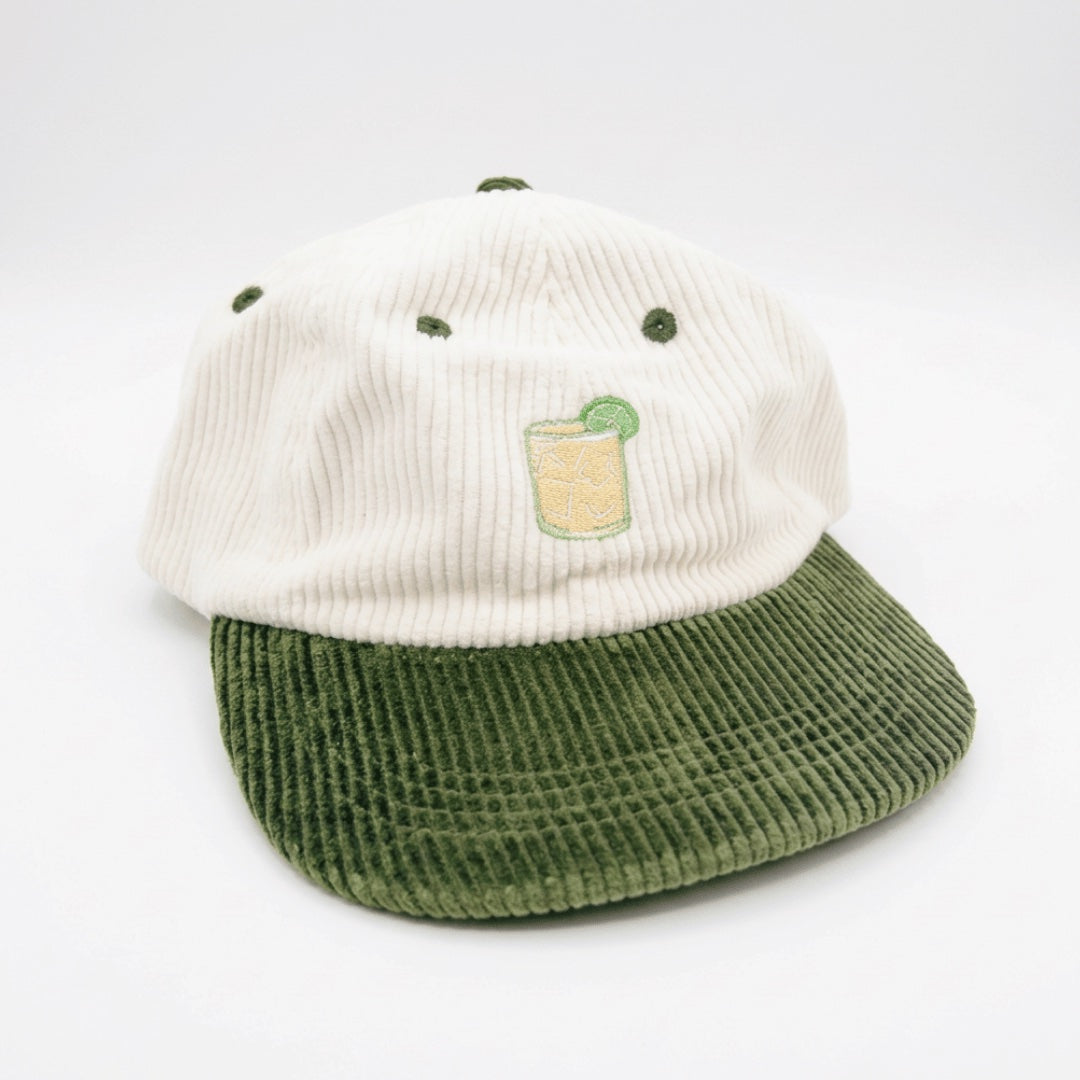 Margarita corduroy cap, white crown with olive brim and embroidered margarita, from the two-cap bundle